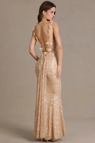 Ariette Premium – sukienka maxi z odkrytymi plecami, zdobiona, w kolorze złotym Ariette Premium – sukienka maxi z odkrytymi plecami, zdobiona, w kolorze złotym