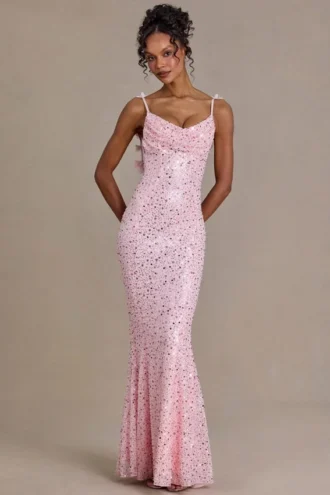 Ariette Premium – sukienka Maxi z ozdobami i odkrytymi plecami w kolorze jasnoróżowym Ariette Premium – sukienka Maxi z ozdobami i odkrytymi plecami w kolorze jasnoróżowym