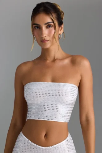 Biały top bandeau z ozdobnymi ramiączkami Nanaka