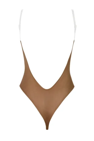Bielizna Intimates – Body z stringami z miękkiej siateczki w kolorze migdałowym
