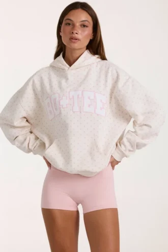 Bluza z kapturem oversize z aplikacją w kolorze kości słoniowej w groszki Bluza z kapturem oversize z aplikacją w kolorze kości słoniowej w groszki