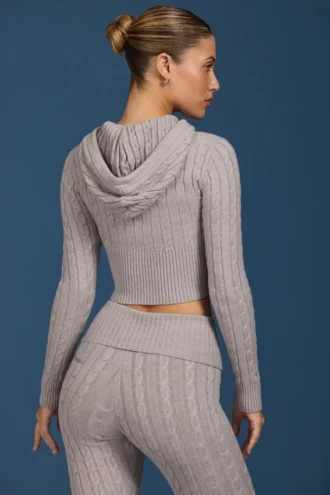 Bluza z kapturem w splocie warkoczowym z zamkiem w kolorze szarym melanżowym Bluza z kapturem w splocie warkoczowym z zamkiem w kolorze szarym melanżowym