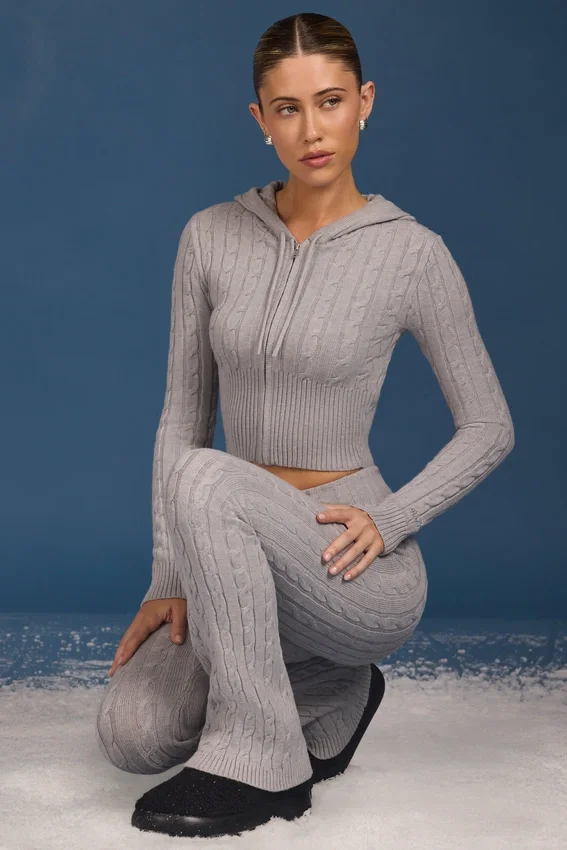 Bluza z kapturem w splocie warkoczowym z zamkiem w kolorze szarym melanżowym Bluza z kapturem w splocie warkoczowym z zamkiem w kolorze szarym melanżowym