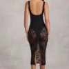 Caia Przezroczysta koronkowa body midi z głębokim dekoltem i falbanami w kolorze czarnym