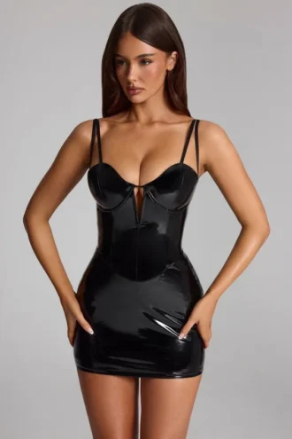 Czarna sukienka Mini z gorsetem Coratina z winylu Czarna sukienka Mini z gorsetem Coratina z winylu