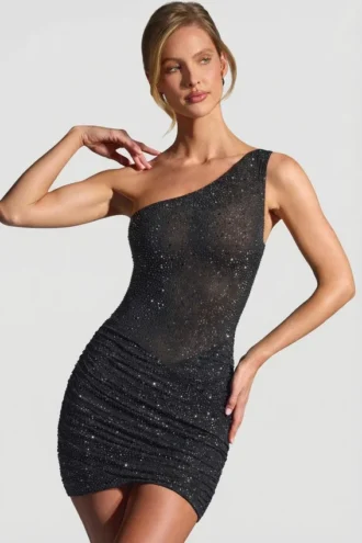 Czarna sukienka mini z jednym ramiączkiem i zdobieniami Zahira Czarna sukienka mini z jednym ramiączkiem i zdobieniami Zahira