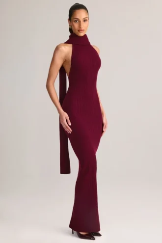 Dree Sukienka maxi z dekoltem halter i detalem w postaci szalika z dzianiny prążkowanej w kolorze bordowym