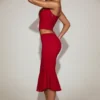 Koronkowa spódnica midi w kolorze True Red z falbanami i średnim stanem Koronkowa spódnica midi w kolorze True Red z falbanami i średnim stanem