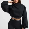 Krótka bluza z kapturem z elastycznej bawełnianej dzianiny polarowej w kolorze czarnym