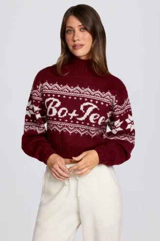 Krótki sweter z dzianiny żakardowej w kolorze karmazynowym Krótki sweter z dzianiny żakardowej w kolorze karmazynowym