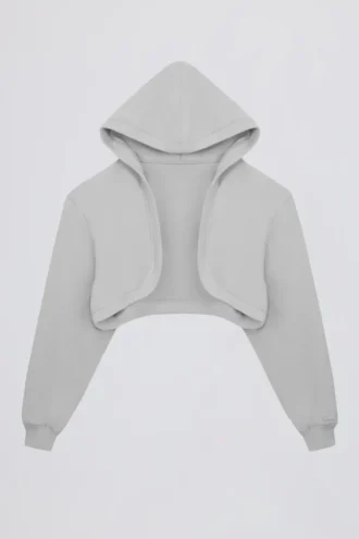 Krótki sweter z kapturem z dzianiny dżersejowej z podszerstkiem w kolorze szarym Krótki sweter z kapturem z dzianiny dżersejowej z podszerstkiem w kolorze szarym