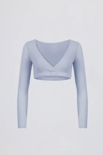 Krótki top z dzianiny szczotkowanej z dekoltem w serek w kolorze Soft Blue Krótki top z dzianiny szczotkowanej z dekoltem w serek w kolorze Soft Blue