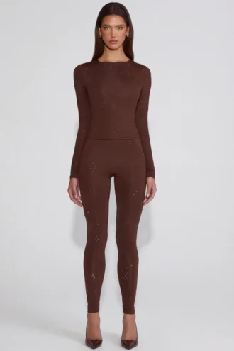 Legginsy Cassie z wysokim stanem z dzianiny jerseyowej z ozdobami w kolorze czekoladowego brązu Legginsy Cassie z wysokim stanem z dzianiny jerseyowej z ozdobami w kolorze czekoladowego brązu