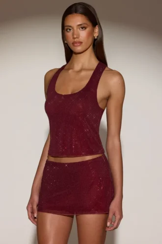Top Aine z ozdobami, okrągłym dekoltem i plecami w stylu racerback w kolorze bordowym