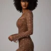 Przezroczysta sukienka mini z długim rękawem i ozdobami w kształcie litery A Zeta w kolorze mokka