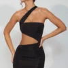 Shyla – obcisła sukienka mini z marszczonymi wycięciami z czarnego jerseyu Shyla – obcisła sukienka mini z marszczonymi wycięciami z czarnego jerseyu