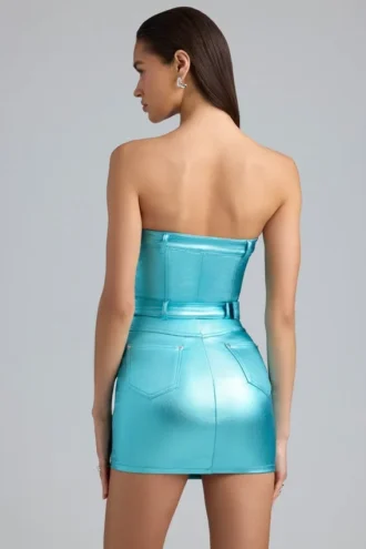 Simone Metaliczna dżinsowa sukienka Mini bez ramiączek z paskiem w kolorze aqua Simone Metaliczna dżinsowa sukienka Mini bez ramiączek z paskiem w kolorze aqua