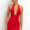 Sofija Slinky Jersey Plunge Neck Ruched Mini Sukienka w kolorze szkarłatnej czerwieni