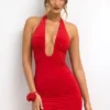Sofija Slinky Jersey Plunge Neck Ruched Mini Sukienka w kolorze szkarłatnej czerwieni