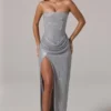 Srebrna sukienka Maxi z ozdobnym stanikiem bandeau i marszczonym pasem marki La Rochette Srebrna sukienka Maxi z ozdobnym stanikiem bandeau i marszczonym pasem marki La Rochette