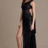 Sukienka maxi Leontine z cekinowej koronki z detalem w postaci szalika, kolor czarny Sukienka maxi Leontine z cekinowej koronki z detalem w postaci szalika, kolor czarny