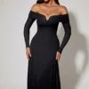 Sukienka midi A-line z odkrytymi ramionami i wiązaniem, model Nerissa, w kolorze czarnym Sukienka midi A-line z odkrytymi ramionami i wiązaniem, model Nerissa, w kolorze czarnym
