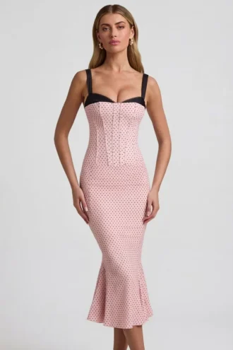 Sukienka midi z warstwami i detalem biustonosza w stylu rybiego ogona Valentina w różowe groszki Sukienka midi z warstwami i detalem biustonosza w stylu rybiego ogona Valentina w różowe groszki