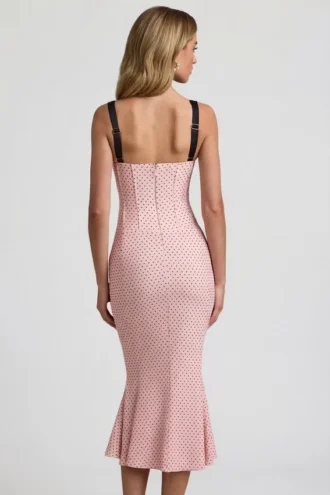 Sukienka midi z warstwami i detalem biustonosza w stylu rybiego ogona Valentina w różowe groszki Sukienka midi z warstwami i detalem biustonosza w stylu rybiego ogona Valentina w różowe groszki