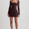 Sukienka mini A-line Ksenia w prążki w kolorze czekoladowym Sukienka mini A-line Ksenia w prążki w kolorze czekoladowym