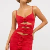 Sukienka mini Aniela Slinky Jersey z wycięciami i różowymi detalami w kolorze szkarłatnej czerwieni