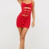 Sukienka mini Aniela Slinky Jersey z wycięciami i różowymi detalami w kolorze szkarłatnej czerwieni