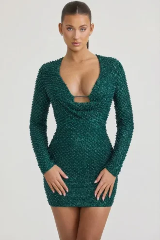 Sukienka Mini Arlowe z ozdobnym dekoltem typu cowl w kolorze turkusowym Sukienka Mini Arlowe z ozdobnym dekoltem typu cowl w kolorze turkusowym