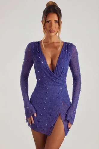 Sukienka Mini Chelsea z ozdobami, kopertowa, o kroju litery A, w kolorze ciemnoniebieskim Sukienka Mini Chelsea z ozdobami, kopertowa, o kroju litery A, w kolorze ciemnoniebieskim