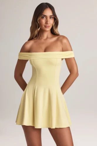 Sukienka Mini Jaida z modalu z odkrytymi ramionami i linią A w kolorze Lemon Sherbet Sukienka Mini Jaida z modalu z odkrytymi ramionami i linią A w kolorze Lemon Sherbet