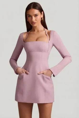 sukienka mini ksenia w prki o kroju litery a w kolorze fioletowym 1 330x495 - Sukienka Mini Ksenia w prążki o kroju litery A w kolorze fioletowym