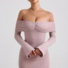 Sukienka Mini z marszczonymi ramionami z mieszanki modalu i kaszmiru w kolorze taupe