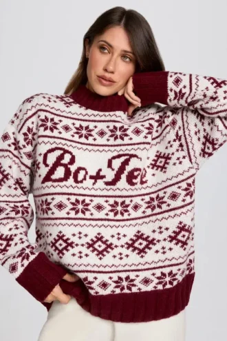 Sweter oversize z dzianiny żakardowej w kolorze karmazynowej czerwieni