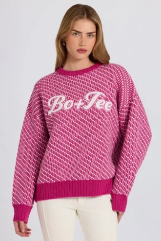 Sweter oversize z dzianiny z logo w kolorze magenta