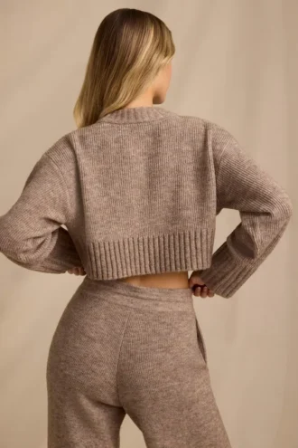 Sweter z dzianiny prążkowanej w kolorze brązowym melanżowym