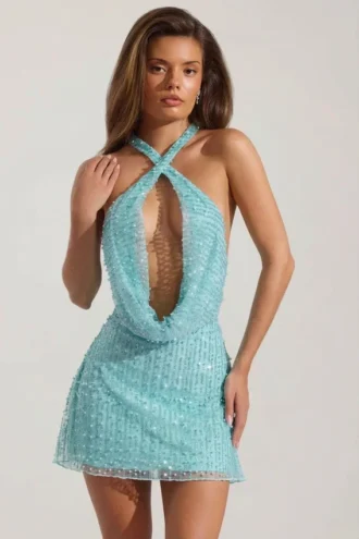Sylune – sukienka mini z ozdobnym dekoltem w serek i odkrytymi plecami w kolorze aqua blue Sylune – sukienka mini z ozdobnym dekoltem w serek i odkrytymi plecami w kolorze aqua blue