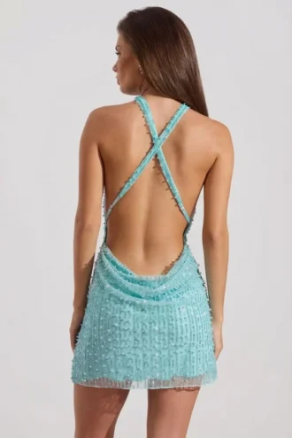 Sylune – sukienka mini z ozdobnym dekoltem w serek i odkrytymi plecami w kolorze aqua blue Sylune – sukienka mini z ozdobnym dekoltem w serek i odkrytymi plecami w kolorze aqua blue
