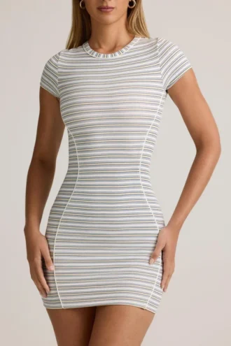 Szorty bodycon z krótkim rękawem z modalu Jazlyn w niebiesko-żółte paski Szorty bodycon z krótkim rękawem z modalu Jazlyn w niebiesko-żółte paski