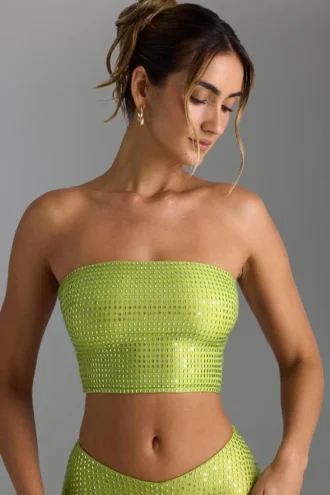 Top bandeau Nanaka z ozdobnymi ramiączkami z tyłu w kolorze gruszkowej zieleni