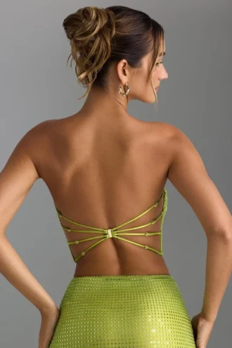 Top bandeau Nanaka z ozdobnymi ramiączkami z tyłu w kolorze gruszkowej zieleni