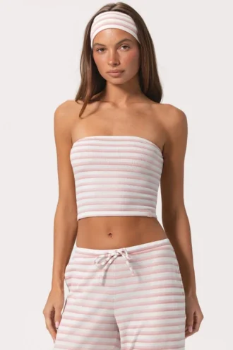 Top bandeau z prążkowanej dzianiny w różowe paski
