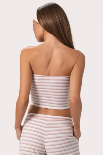 Top bandeau z prążkowanej dzianiny w różowe paski