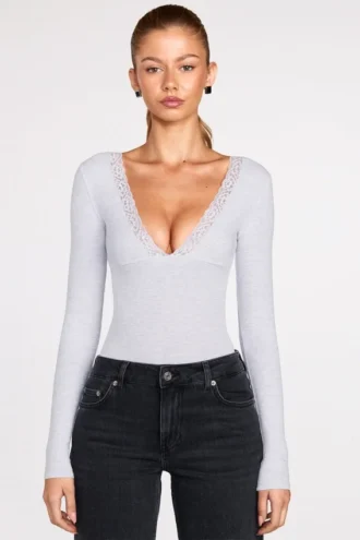 Verity Ribbed Modal Long-Sleeve Plunge Body w kolorze szarym Verity Ribbed Modal Long-Sleeve Plunge Body w kolorze szarym