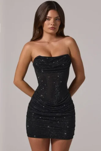 Zara Ozdobna mini sukienka z bandeau i marszczonym pasem w kolorze czarnym Zara Ozdobna mini sukienka z bandeau i marszczonym pasem w kolorze czarnym